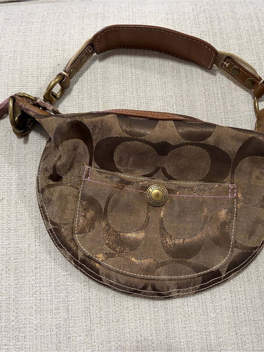 Vintage Coach Brown Signature Canvas Crescent Mini Shoulder Bag